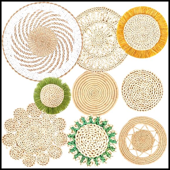 Set of 9 Handmade Woven Rattan Wall Baskets Boho Farmhouse Decor